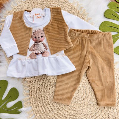 Conj. Colete, Blusa Ursinha de Crocê e Calça de Veludo Canelado - Areia